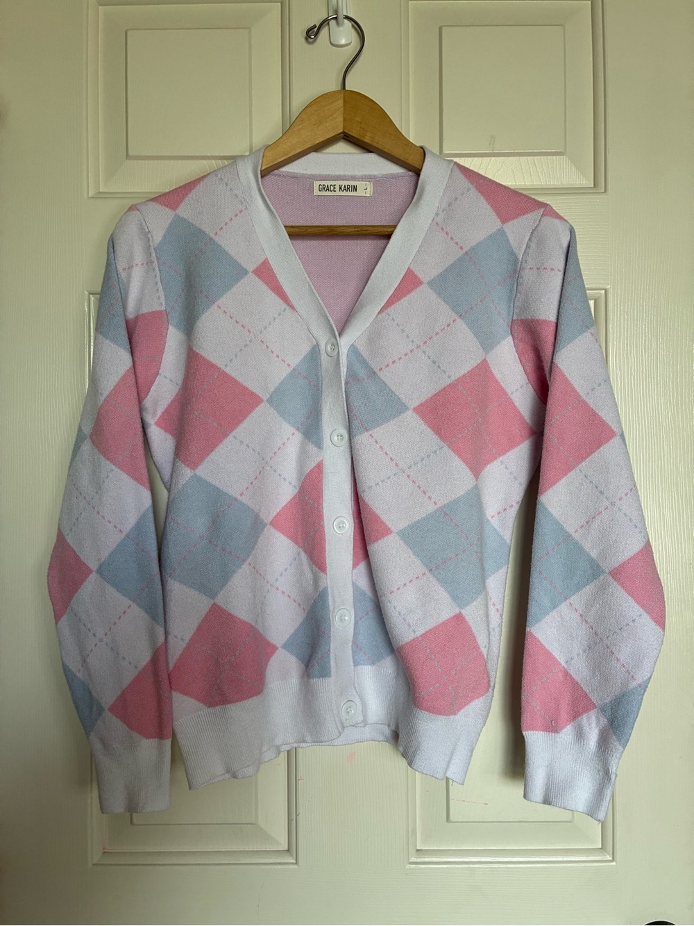 Grace Karin Pastel Argyle V-Neck Cardigan - Pink & Light Blue